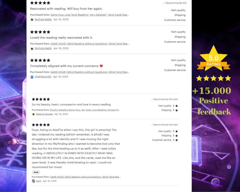 May include: A digital display of five-star customer reviews for a tarot reading service. The text includes positive feedback, dates, and item names. A yellow star graphic on the right side displays a 5.0 rating and the text +15.000 Positive feedback.