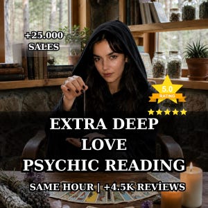 Può includere: Una persona con una tunica nera con cappuccio tiene un pendolo d'argento sopra un tavolo di legno con carte dei tarocchi, una candela bianca ed erbe essiccate. Testo: +25.000 SALES, 5.0 RATING, EXTRA DEEP LOVE PSYCHIC READING, SAME HOUR | +4.5K REVIEWS.