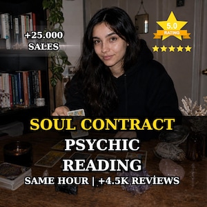 May include: A person in a black hoodie performing a psychic reading with tarot cards on a wooden table. Text overlays include +25.000 SALES, 5.0 RATING, SOUL CONTRACT PSYCHIC READING, and SAME HOUR | +4.5K REVIEWS. Crystals and books are visible.