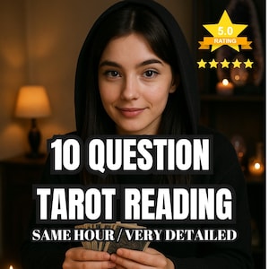 Puede incluir: Una mujer con una sudadera con capucha negra sostiene cartas del tarot. El texto en la imagen dice "10 QUESTION TAROT READING" y "SAME HOUR / VERY DETAILED". Una estrella dorada con una calificación de "5.0" es visible.