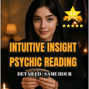Może przedstawiać: Zdjęcie kobiety w czarnej bluzie z kapturem trzymającej karty. Tekst: "INTUITIVE INSIGHT PSYCHIC READING" i "DETAILED | SAME HOUR". Złota gwiazda wskazuje ocenę 5.0.