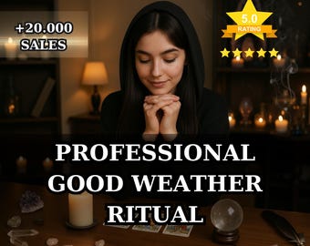 May include: A person in a black hooded top with hands clasped, positioned behind a wooden table featuring a white candle, a clear crystal ball, tarot cards, and a feather. Text reads: +20.000 SALES, 5.0 RATING, PROFESSIONAL GOOD WEATHER RITUAL, SAME DAY | +4.5K REVIEWS.