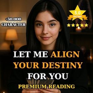 May include: A woman in a black hooded top smiles, with text that reads "LET ME ALIGN YOUR DESTINY FOR YOU PREMIUM READING". A gold star rating graphic is in the top right corner, with the text "5.0 RATING".