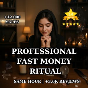 May include: A person in a black hooded top with hands clasped in prayer. The image includes text that reads "PROFESSIONAL FAST MONEY RITUAL" and "SAME HOUR | +3.6K REVIEWS". A gold star graphic indicates a 5.0 rating.
