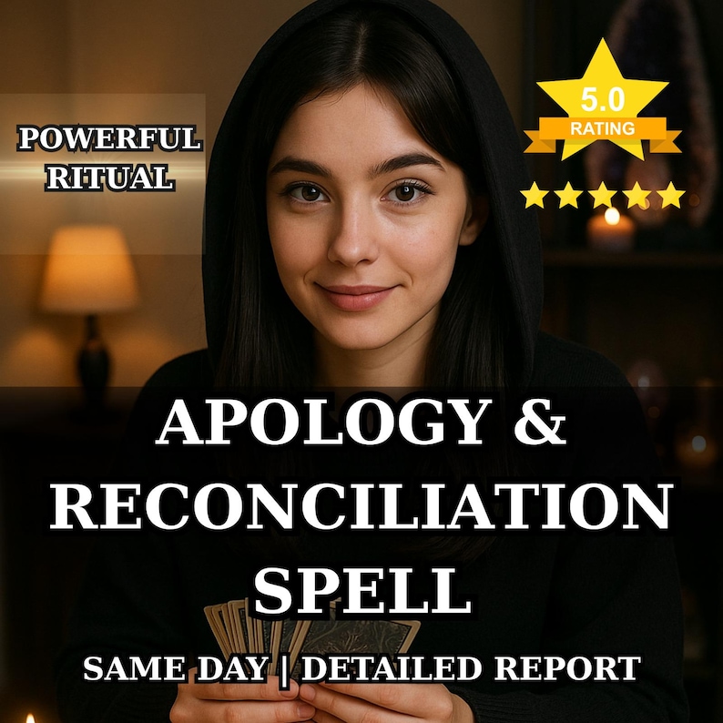 May include: A woman in a black hooded top is the central focus of this image. Text overlay reads "POWERFUL RITUAL" and "APOLOGY & RECONCILIATION SPELL". Additional text states "SAME DAY | DETAILED REPORT". A gold star rating graphic is also present.