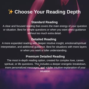 May include: A graphic with the text "Choose Your Reading Depth" and descriptions for Standard, Detailed, and Premium readings. The background features a dark gradient with flowing pink and purple shapes.