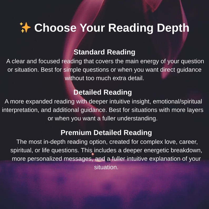 May include: A graphic with the text "Choose Your Reading Depth" and descriptions for Standard, Detailed, and Premium readings. The background features a dark gradient with flowing pink and purple shapes.