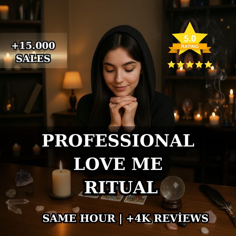 May include: An image promoting a professional love ritual. The image features a person with their hands clasped in prayer, a lit candle, tarot cards, and a crystal ball. Text includes "+15.000 SALES", "PROFESSIONAL LOVE ME RITUAL", and "SAME HOUR | +4K REVIEWS".