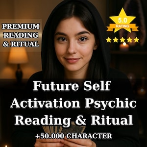May include: A woman in a black hooded top with the text "Future Self Activation Psychic Reading & Ritual" and "Premium Reading & Ritual". A gold star rating graphic is in the upper right corner.