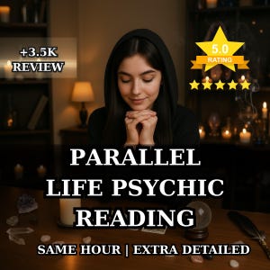 May include: An image advertising a psychic reading service. The text reads "PARALLEL LIFE PSYCHIC READING" with additional text indicating "SAME HOUR | EXTRA DETAILED". A 5.0 rating is displayed with a review count of +3.5K.