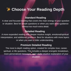 May include: A digital graphic with a dark purple background featuring the text Choose Your Reading Depth followed by three options: Standard Reading, Detailed Reading, and Premium Detailed Reading, each with a brief description of the service level.