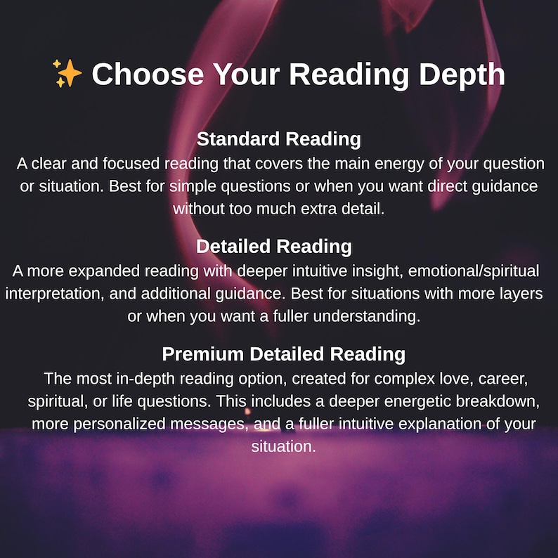 May include: A digital graphic with a dark purple background featuring the text Choose Your Reading Depth followed by three options: Standard Reading, Detailed Reading, and Premium Detailed Reading, each with a brief description of the service level.