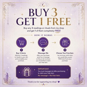 May include: A promotional graphic with a light purple background and gold border featuring the text BUY 3 GET 1 FREE. It outlines a three-step process with icons for a shopping cart, a speech bubble, and a gift box, plus an important note about messaging.