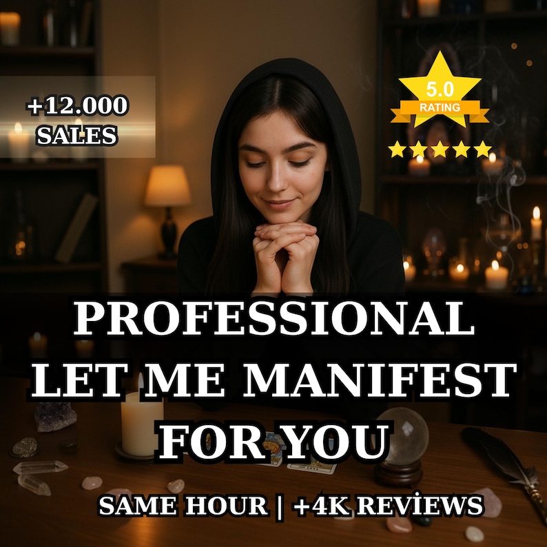 K&ouml;nnte beinhalten: Ein Bild, das eine Person mit gefalteten H&auml;nden zeigt. Der Text lautet "PROFESSIONELL LASS MICH F&Uuml;R DICH MANIFESTIEREN." Ein goldener Stern mit dem Text "5.0 RATING" ist sichtbar. Das Bild enth&auml;lt auch den Text "+12.000 VERK&Auml;UFE" und "SAME HOUR | +4K BEWERTUNGEN."