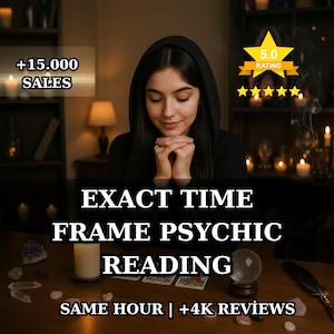 Peut inclure: Image promotionnelle pour des lectures psychiques. L'image présente une personne avec les mains jointes, avec le texte superposé : "EXACT TIME FRAME PSYCHIC READING". Le texte supplémentaire comprend "+15.000 SALES", "5.0 RATING" et "SAME HOUR | +4K REVIEWS". Une boule de cristal et des cartes de tarot sont sur la table.