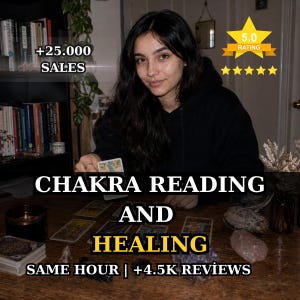 May include: A person in a black hoodie sits at a wooden table with tarot cards, crystals, and a candle. Text overlays include +25.000 SALES, 5.0 RATING, CHAKRA READING AND HEALING, and SAME HOUR | +4.5K REVIEWS. The scene features various books on shelves.
