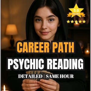 Puede incluir: Imagen que promociona lecturas psíquicas. El texto dice "CAREER PATH PSYCHIC READING DETAILED | SAME HOUR." Una mujer con una sudadera con capucha negra sostiene cartas del tarot. Una estrella dorada con "5.0 RATING" está en la esquina superior derecha.