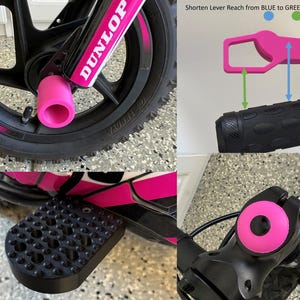 May include: Close-up shots of a pink and black bicycle. The Dunlop logo is visible on the front fork. The image shows the wheel, handlebars, footrest, and lever. Text reads "Shorten Lever Reach from BLUE to GREEN."