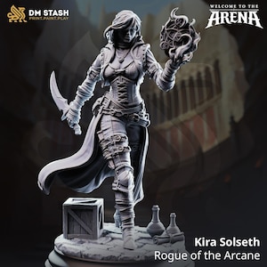 May include: A detailed figurine of Kira Solseth, Rogue of the Arcane, holding a curved blade and a glowing orb. The figure is dressed in detailed fantasy attire, with a corset, long coat, and armored leggings. The base includes a wooden crate and potion bottles.