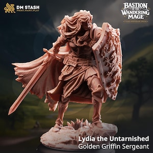 May include: A detailed figurine of a warrior, holding a sword and shield. The figure is in a dynamic pose, with flowing hair and detailed armor. The shield features a griffin design. The text on the base reads "Lydia the Untarnished Golden Griffin Sergeant."