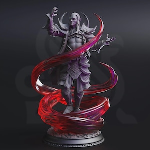 May include: A detailed statue of a male figure with long white hair, wearing ornate armor and a flowing cloak. The figure is surrounded by a swirling, red and purple energy effect, standing on a circular base.
