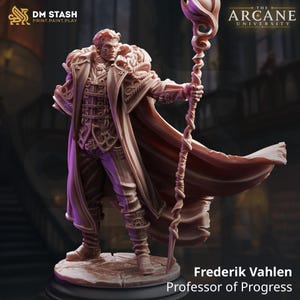May include: A light brown miniature figurine of Frederik Vahlen, Professor of Progress, wearing a long coat with a fur collar and holding a tall, swirling staff. The figure stands on a circular stone base with intricate clothing details.