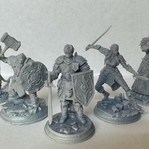 Pode incluir: Cinco figuras de fantasia em miniatura cinzentas, incluindo um cavaleiro com espada e escudo, um guerreiro com martelo e escudo e uma feiticeira com cajado. As figuras estão em bases redondas e parecem ser impressas em 3D.