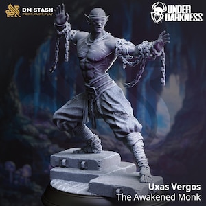 May include: A gray figurine of a monk in a dynamic pose, blindfolded, with chains draped over his arms. The figure is standing on a stone platform. The text "Uxas Vergos The Awakened Monk" is at the bottom.