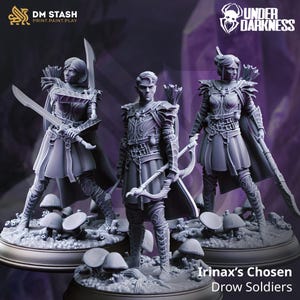 May include: Three gray 3D-printed figurines of Drow soldiers, each posed with weapons and armor. The figures stand on bases with mushroom details. The text "Irina's Chosen Drow Soldiers" is visible at the bottom. The DM STASH and UNDER DARKNESS logos are also present.