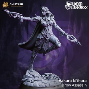 May include: A detailed figurine of Vakara N'thara, a Drow Assassin, in a dynamic pose. She is clad in ornate armor and a flowing cape, holding a crossbow and a bladed weapon. The figure is set on a rocky base, with the "DM STASH" and "UNDER DARKNESS" logos visible.