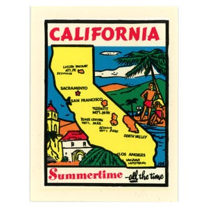 Mapa del estado de California "Verano todo el tiempo" con calcomanías de agua vintage de Lindgren-Turner, década de 1960