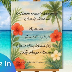 Floral Wedding Welcome Sign: Editable Beach Theme Template