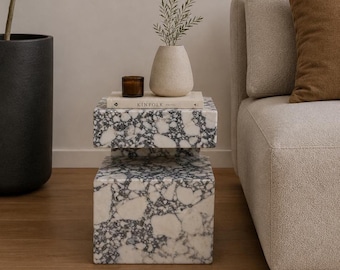 Calacatta Viola Marble Pedestal Side Table, Sculptural Stone End Table, Modern Furniture