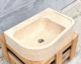 Lavandino in marmo travertino, lavabo rettangolare in pietra naturale, lavabo di lusso fatto a mano