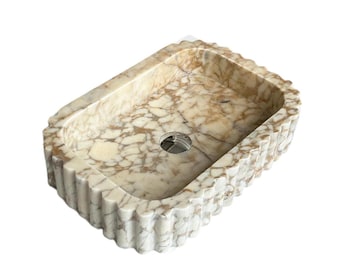 Calacatta Gold Marble Sink: Grooved Bathroom Vanity Basin, 20"