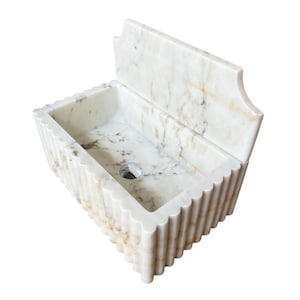 Ready To Ship!Calacatta Gold Marble Sink with Backsplash, Grooved Front, Custom Order Stone Sink, Hand Carved Marble Sink, Wall Mounted Sink