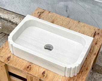 White Marble Sink, Fluted Natural Stone Bathroom Basin