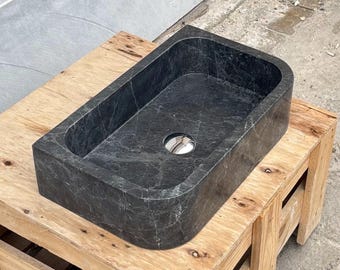 Lavandino in marmo nero, pietra naturale scolpita a mano, 20" x 12"