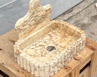 Calacatta Gold Marble Sink with Backsplash: Grooved Detail, Vanity Basin