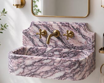 Calacatta Pink Marble Vessel Sink with Backsplash: Modern Powder Room Decor