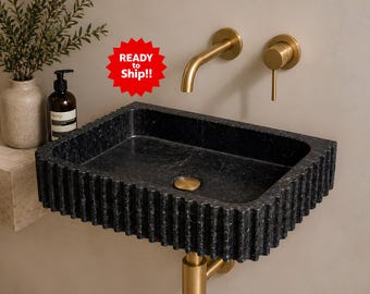 Lavabo scanalato in marmo nero / Lavabo in pietra scolpito a mano, lavabo da parete per mobile bagno