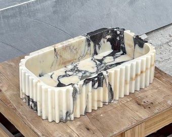 Calacatta Viola Marble Sink, Fluted Wall Mounted Vanity, Luxury Natural Stone Basin