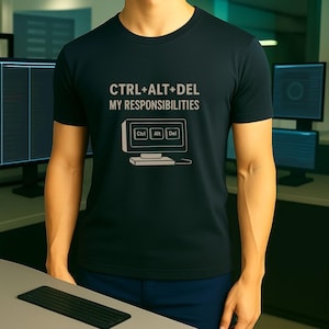May include: A dark navy blue t-shirt with the text "CTRL+ALT+DEL MY RESPONSIBILITIES" above a computer graphic. The graphic shows a computer monitor with "Ctrl", "Alt", and "Del" buttons. The shirt is a crew neck style.
