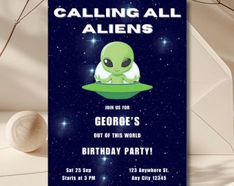 Alien Birthday Invitation • Outer Space Kids Party Invite • Editable Canva Template • Galaxy Printable Digital Download (5x7 + Phone Size)
