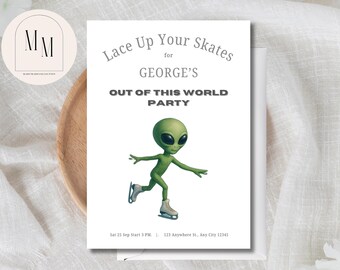 Alien Ice Skating Birthday Invitation • Space Party Invite • Editable Canva Template • Kids Roller & Ice Skate Birthday Digital Download