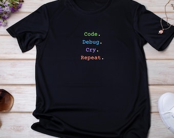 Funny Programmer T-Shirt • “Code Debug Cry Repeat” Coding Humor Tee • Developer & IT Gift for Coders and Software Engineers