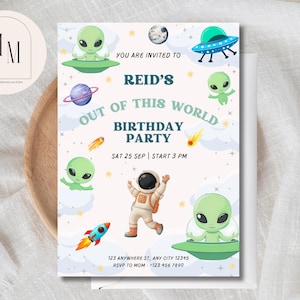 Editable Out of This World Birthday Invitation Template | Outer Space, Astronaut, Alien Theme | Instant Download | Boys Kids Party Invite