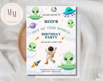 Alien Birthday Invitation • Outer Space Party Invite • Editable Canva Template • Kids Galaxy Birthday Digital Download (5x7)