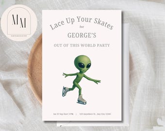 Alien Ice Skating Birthday Invitation • Space Party Invite • Editable Canva Template • Kids Roller & Ice Skate Birthday Digital Download