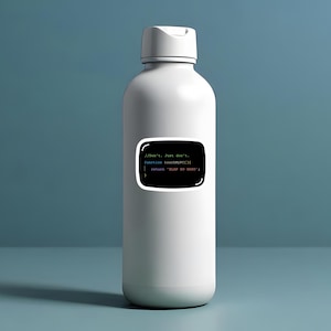 May include: White insulated water bottle with a black and white sticker. The sticker features computer code with the text "//Don't. Just don't. function touchMyPC(){ return 'SLAP SO HARD'; }."
